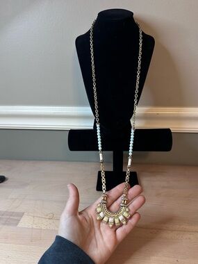 Gold-Tone Statement Pendant Necklace with Light Blue Beads: Chloe & Isabel